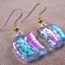 DICHROIC Glass EARRINGS Clear VIOLET Pink Waves Green Dots Dangle Surgical 3/4"