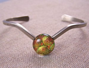 Dichroic V Cuff Bracelet ADJUSTABLE Yellow Orange Bubbles Fused Glass 1/2" 12mm