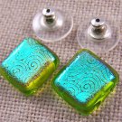 Dichroic Glass Earrings 1/2" Lime Green Gold Spirals Pattern 12mm Post Stud