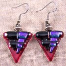 DICHROIC Glass EARRINGS Ruby RED Triangle w/ Magenta Purple Dangle - Surgical 1"
