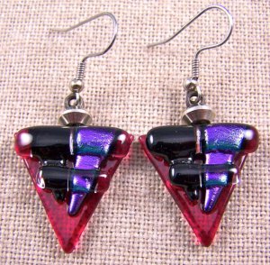 DICHROIC Glass EARRINGS Ruby RED Triangle w/ Magenta Purple Dangle - Surgical 1"