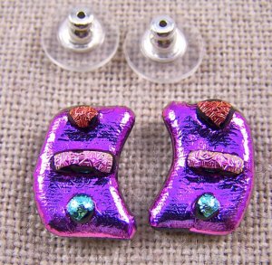 DICHROIC Post EARRINGS 1/2" 12mm Copper Red Pink Green Crinkle Wavy GLASS STUD