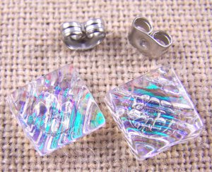 DICHROIC Post EARRINGS 1/3" 1cm Clear Opal Emerald Green Ripple Fused GLASS STUD