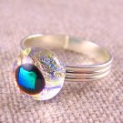 Tiny Adjustable Glass Ring - 1/4" 7mm - Green Teal Dot over Clear Moonstone Blue