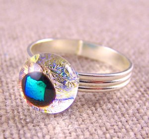 Tiny Adjustable Glass Ring - 1/4" 7mm - Green Teal Dot over Clear Moonstone Blue