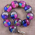DICHROIC Link Bracelet Magenta Mauve Rainbow Fused Glass Patchwork Pattern .5"