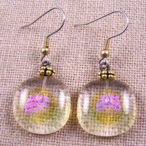 DICHROIC Glass EARRINGS Pink Pattern Dots over Clear Amber, Dangle Surgical 3/4"