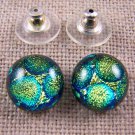 Dichroic Earrings Gold Yellow Green Bubbles Dots Textured Round Post 1/2" 12mm