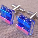 DICHROIC Fused GLASS Cuff Links Blue Pink Square Clear Layered Formal Wear Men