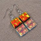DICHROIC Glass EARRINGS Copper Red & Clear Rectangle Bubbles Dangle Surgical 1"