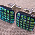 DICHROIC Fused GLASS Cuff Links Gold Black Formal Wear Men Squares Mesh Pattern