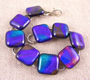 DICHROIC Link Bracelet Cobalt BLUE Teal Purple Fused Glass TIE DYE 3/4" x 7.5"
