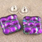 DICHROIC Earrings 3/4" 2cm PURPLE Violet Bubbles Textured Square Post Studs Dots