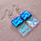 DICHROIC Glass EARRINGS Teal Green & Clear Rectangle Bubbles Dangle Surgical 1"