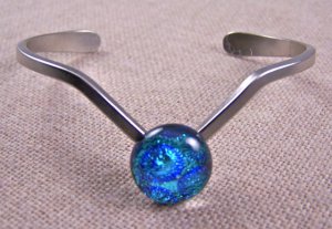 Dichroic V Cuff Bracelet ADJUSTABLE Silver Blue Bubbles Fused Glass 1/2" 12mm