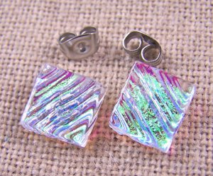 DICHROIC Post EARRINGS 1/3" 1cm Clear Opal Yellow Green Ripple Fused GLASS STUDS