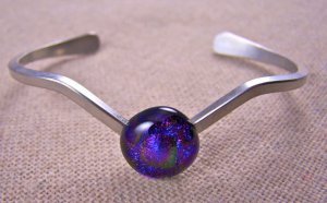 Dichroic V Cuff Bracelet ADJUSTABLE Purple Violet Bubbles Fused Glass 1/2" 12mm