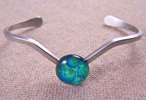 Dichroic V Cuff Bracelet ADJUSTABLE Yellow GREEN Bubbles Fused Glass 1/2" 12mm