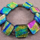 DICHROIC Link Bracelet Pink Gold Blue Rainbow Fused Glass Squares 3/4" x 7.5"