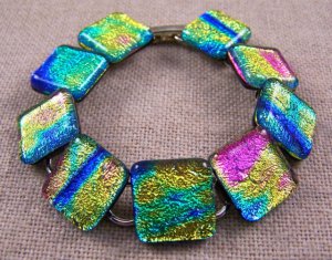 DICHROIC Link Bracelet Pink Gold Blue Rainbow Fused Glass Squares 3/4" x 7.5"