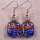 DICHROIC Glass EARRINGS Pink Orange Blue Purple Squares Dangle Surgical 3/4"