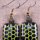 DICHROIC Glass EARRINGS Yellow Bronze Pattern Square Dangle Surgical Steel 3/4"