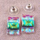 Dichroic Earrings 5/8" Yellow Gold Green Bubbles Radium Texture 2cm Post/ Clip
