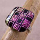 Cocktail RING Adjustable DICHROIC Fused GLASS 3/4" 2cm Hot Pink Magenta Checkers