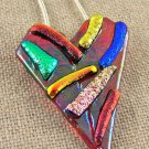Dichroic Fused Glass HEART RED Rainbow PENDANT PIN COMBO Pink Blue Gold Accents