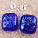 Dichroic Earrings 3/4" Blue Cobalt Green Dots Silver Halo Pattern 2cm Large Post