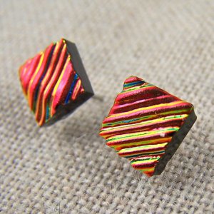 DICHROIC Earrings Copper Red Orange Ripple Striped Textured Post 1/3" 8mm STUD
