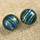 DICHROIC Earrings Round Lime Olive Green Striped Textured Post 1/4" 7mm STUDS