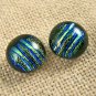 DICHROIC Earrings Round Lime Olive Green Striped Textured Post 1/4" 7mm STUDS