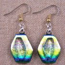 DICHROIC Earrings Olive Green Bronze TIE DYE Surgical French Wire Dangle 5/8"
