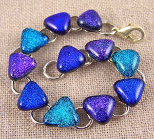 DICHROIC Link Bracelet Cobalt Blue Teal Purple Fused Glass Triangles 1/2" x 7.5"
