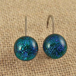 DICHROIC Earrings Round Emerald Green Eurowire Lever Dangle Post 1/4" 7mm STUDS