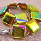 DICHROIC Link Bracelet Bright Golden Rainbow Fused Glass Big Squares 3/4" x 7.5"