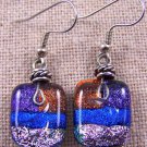 DICHROIC Glass EARRINGS BLUE Orange Pink Purple Squares Dangle Surgical 3/4"