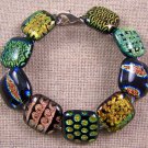 DICHROIC Link Bracelet Golden Yellow Orange Fused Glass Patterns Dots Lines .75"