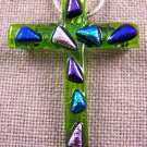 Cross PIN PENDANT Dichroic Fused Glass Lime Green Teal Blue Pink Purple Layered