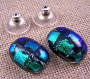 DICHROIC Post EARRINGS 5/8" 2cm Emerald Green Teal Groovy Fused GLASS STUDS