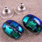 DICHROIC Post EARRINGS 5/8" 2cm Emerald Green Teal Groovy Fused GLASS STUDS