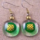 DICHROIC Glass EARRINGS Gold Patterned Dots Emerald Green Dangle Surgical 3/4"