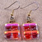 DICHROIC Glass EARRINGS Ruby RED Copper Rectangle Magenta Dangle Surgical Steel