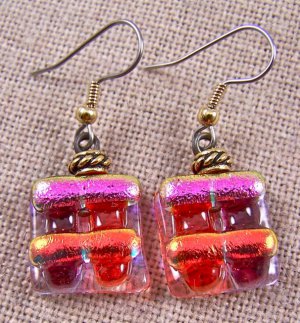 DICHROIC Glass EARRINGS Ruby RED Copper Rectangle Magenta Dangle Surgical Steel