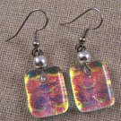 DICHROIC Glass EARRINGS Clear Peach Orange Bubbles Texture Dangle Surgical 3/4"
