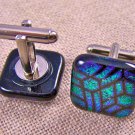 DICHROIC Fused GLASS Cuff Links Emerald Black Formal Wear Men Geometric Pattern
