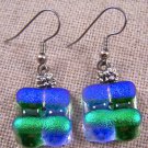 DICHROIC Glass EARRINGS Green Emerald Cobalt Blue Layers Dangle - Surgical .75"