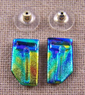DICHROIC Post EARRINGS 3/4" 18mm Copper Yellow Teal Blue Layered Shard GLASS