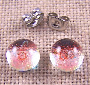 Tiny DICHROIC Post EARRINGS 1/4" 7mm Clear Golden Copper Peach Fused GLASS STUDS